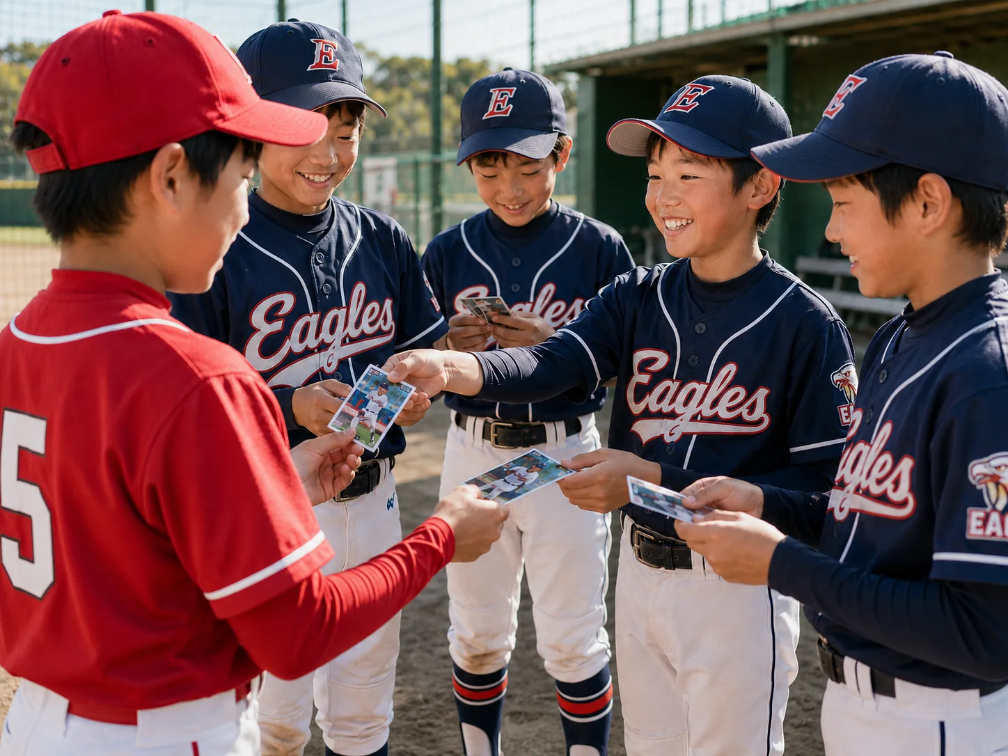 対戦相手やチームメイトとカードを交換して楽しむイメージ